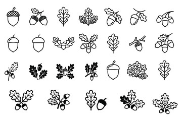 Oak leaf and acorn silhouette collection hand drawn botanical elements for autumn designs © MSTMASUMA
