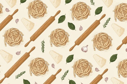 Hand drawn seamless pattern featuring italian pasta nests, wooden rolling pins, parmesan cheese wedges, fresh basil leaves, and garlic cloves