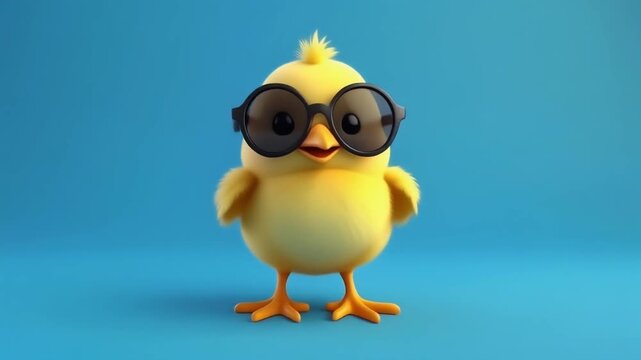 Cartoon yellow chick wearing large black sunglasses standing on blue background symbolizing fun, confidence, and modern playful character design.