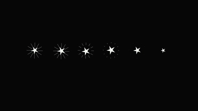 White cartoon doodle star animation: sparkling twinkle glitter flat vector blinking, glowing shining light twinkling effect on transparent black screen background, 4K festive overlay.