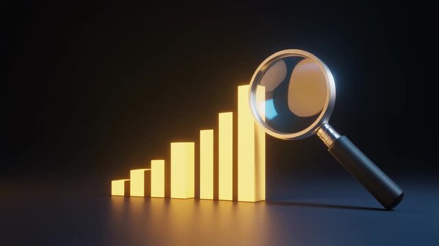 Golden bar chart with magnifying glass symbolizing data analysis, growth, and insight in modern 3D business visualization.