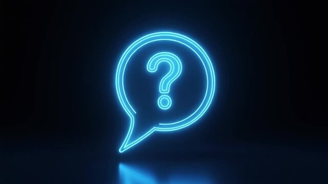 Glowing neon blue question mark inside speech bubble symbolizing curiosity, communication, and inquiry in futuristic dark‑background design.