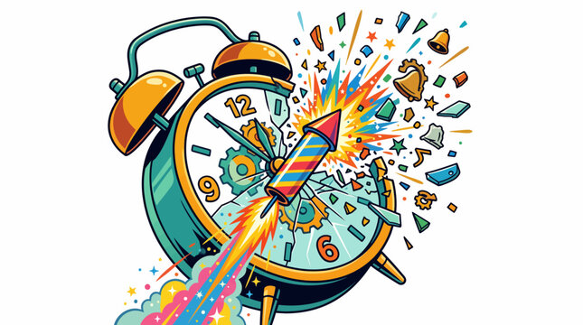 Exploding Alarm Clock with Rocket and Confetti Symbolizing New Year Celebration and Time Passing