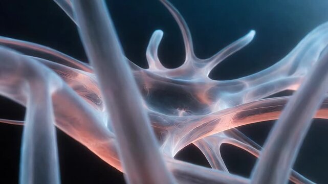 Translucent organic strands intertwined in soft luminous style on dark background, conveying a concept of connectivity