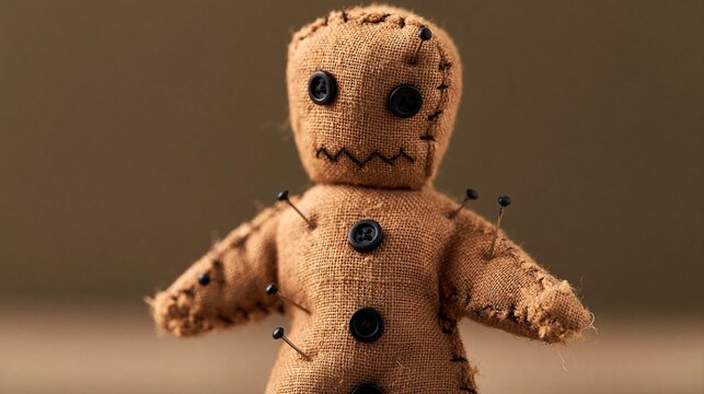 Vintage voodoo doll with black buttons and pins