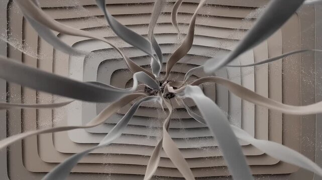 Abstract 3D paper cut art with flowing layered ribbon forms in neutral beige and grey tones creating a dynamic depth effect