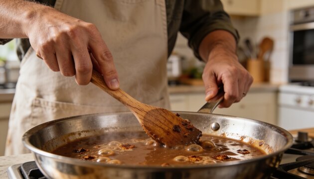 Stirring cook in apron, hands stirring wooden spoon in steel skillet on gas stove in kitchen
