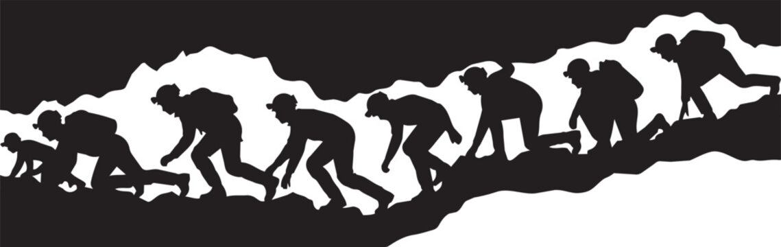 Black silhouette of miners working in a dark cave, group of underground workers digging in a tunnel, coal mining industry vector illustration