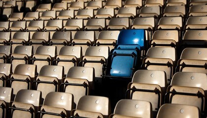 Fototapeta premium Showing pair of bright blue folding seats contrasting beige rows at open stand, with metal frames