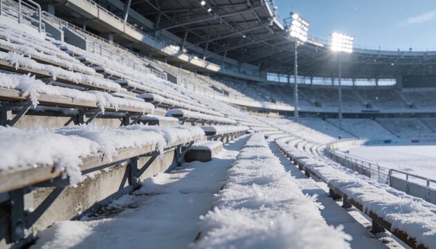 Showing snow-covered tiered benches and concrete steps curving right in stadium with floodlights