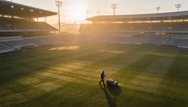 Pushing groundsman wearing dark coat and boots mowing striped pitch at sunrise, walk-behind mower