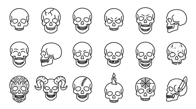 Hand-drawn skull doodles and cartoon skeleton faces collection. Black and white line art set for Halloween, tattoo, or gothic design projects.