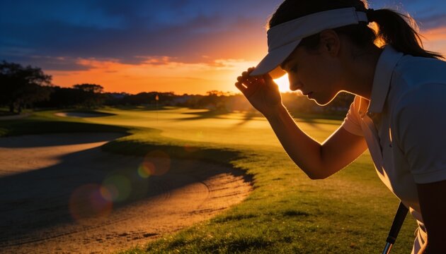 Holding woman golfer adjusting visor at golf course, club and collared polo, copy space