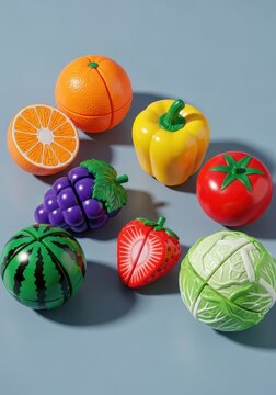 Assorted Colorful Plastic Toy Fruits and Vegetables for Kids Play Kitchen Set on Blue Background
