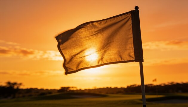 Rippling backlit flag cloth showing sheer texture on golf green, with pole, finial, distant marker