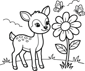 A cute cartoon fawn stands in a grassy field, looking towards a large flower with two butterflies fluttering above it, presented as a black and white outline drawing perfect for coloring.