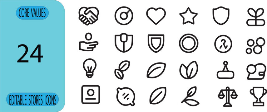 Core Values Outline Icon Set with 24 Editable Ethics Leadership Trust and Sustainability Vector Symbols