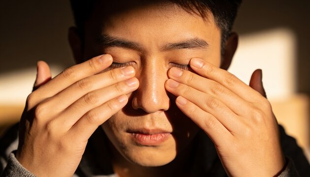 Pressing adult Asian man's hands over closed eyes near window, gray cuff, eyelashes, warm shadows