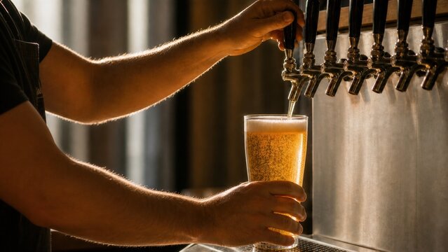 Bartender pouring fresh draft beer from tap into glass at brewery bar with warm backlighting