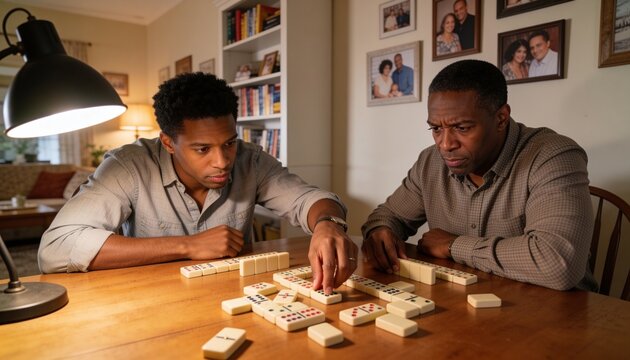 Playing father and son placing dominoes at home dining table, wearing light-gray and checked shirts