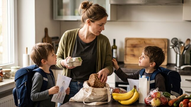 Realistic after school image showing a mother combining household shopping and active parenting, with clear visual cues of a full and demanding routine.