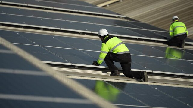 An inspector in a yellow jacket kneels checking module clamps while his colleague works further along the row in soft evening light, filmed during a large scale rooftop solar power plant
