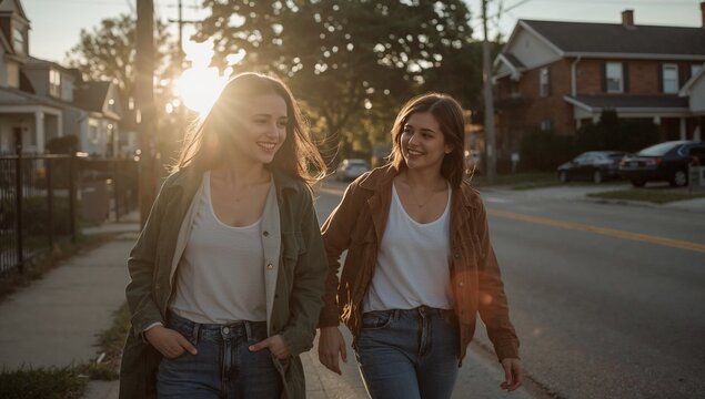 Walking two women chatting along residential street during golden hour, wearing jackets and jeans