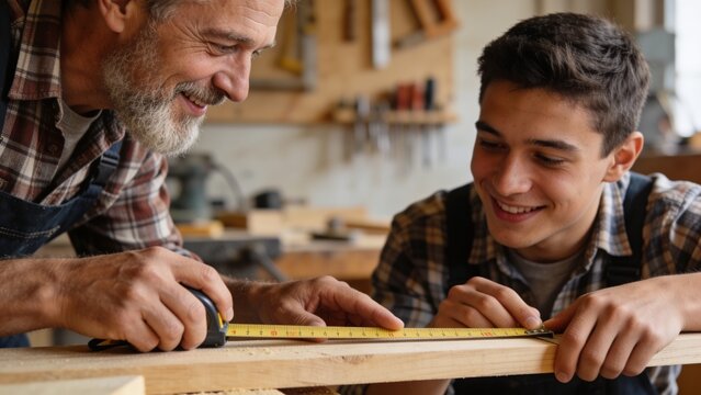 Measuring mentor guiding teenage boy with tape measure on carpentry bench in plaid shirts and apron