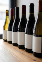 Obraz premium Row of eight wine bottles with blank labels on wooden table