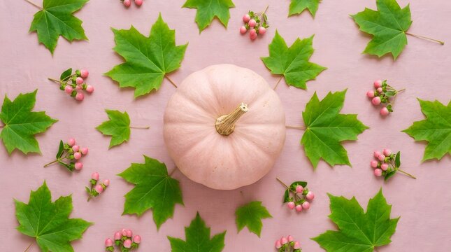 Pastel pink pumpkin surrounded by green leaves and berries on soft background
