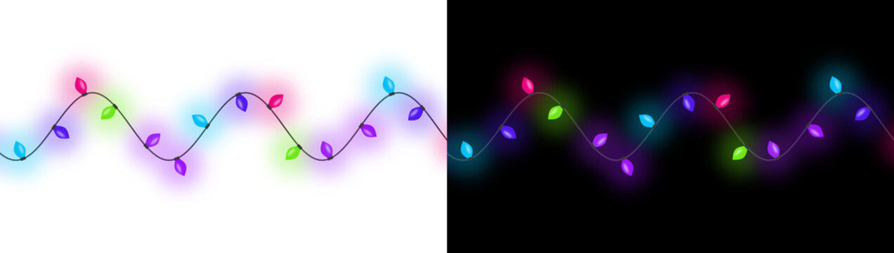 Colorful string lights with glowing bulbs and a wavy pattern on transparent background holiday christmas festival party illuminated