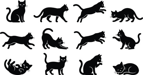 Black cat silhouette vector illustration set, playful feline characters in various active poses © VectoStudio