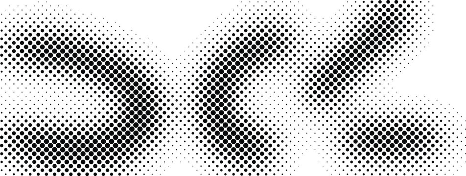 Halftone wave pattern vector, black and white dotted gradient texture, retro pop art halftone background for graphic design and print