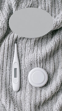 White thermometer and round cooling patch container on gray knitted fabric with blank copy space, minimalist winter medical still life for pediatric care and fever treatment