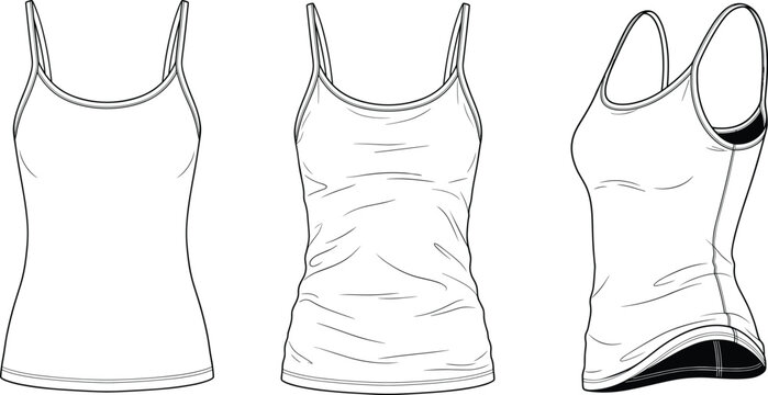 Women tank top technical sketch vector illustration, camisole flat outline template set