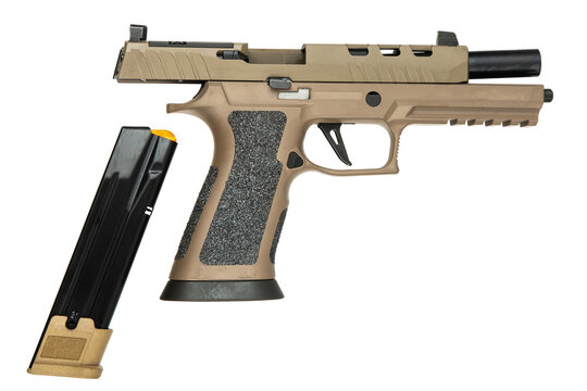 Semi-automatic pistol with slide locked back and magazine isolated on white back
