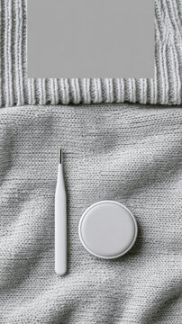 Winter fever thermometer cooling patch knitted fabric minimalist medical flat lay