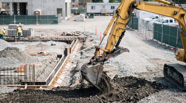 Excavator digs foundation pit on organized construction site, showing early groundwork, soil removal, heavy machinery and building project preparation.