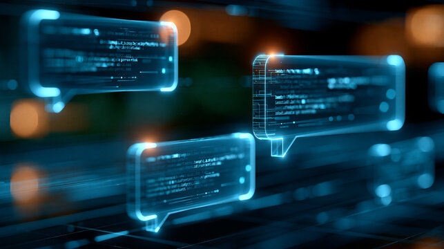 Futuristic AI chatbot interface with glowing conversation bubbles and digital language processing visualization, natural language AI concept, defocused dark digital background, AI