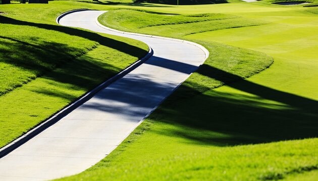 Curving concrete path winding through mown turf and berms at golf course, with long tree shadows