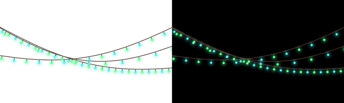 String lights with glowing bulbs and connecting wires on transparent background festive holiday party illuminated light decorative lighting