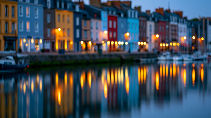 Fototapeta premium Colorful row of historic townhouses reflected in a calm harbor at dusk, vibrant European waterfront town, defocused harbor water in background, historic waterfront reflection
