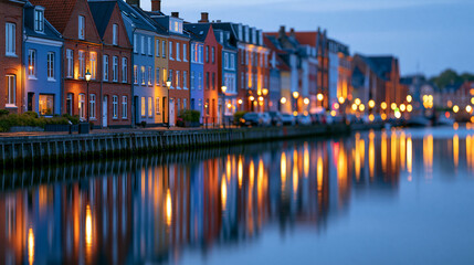 Obraz premium Colorful row of historic townhouses reflected in a calm harbor at dusk, vibrant European waterfront town, defocused harbor water in background, historic waterfront reflection