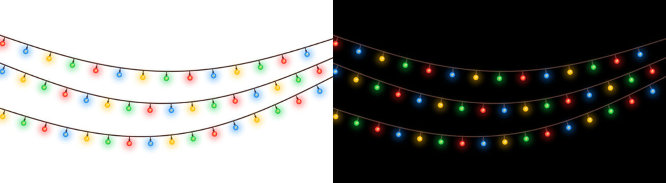 Colorful string lights with glowing bulbs and a wire decorative illumination on transparent background holiday christmas festive lighting