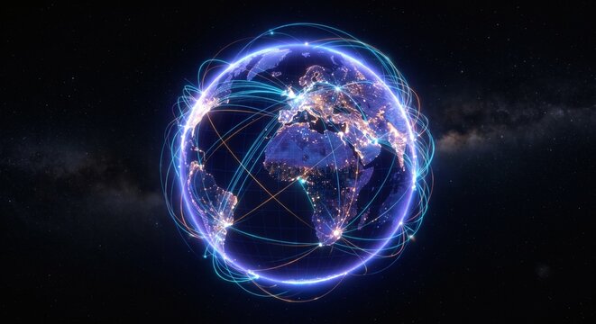 Glowing digital earth globe connected by light nodes in dark space