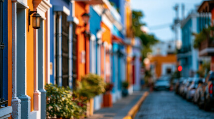 Fototapeta premium Colorful colonial architecture lining a vibrant street in a Latin American city, vivid painted facades catching afternoon light, defocused city street in background, Latin