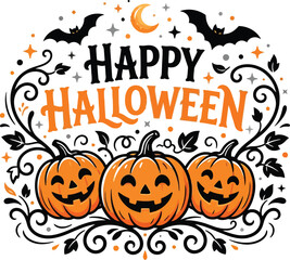 Festive halloween illustration with jack o' lanterns bats and crescent moon for holiday decorations and greetings © Romana akther