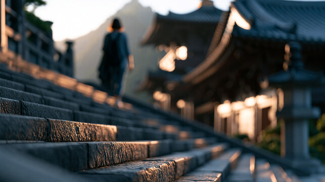 Faceless tourist ascending steep stone steps of a historic pagoda, ornate tiered rooflines and mountain views visible, defocused pagoda architecture in background, pagoda steps