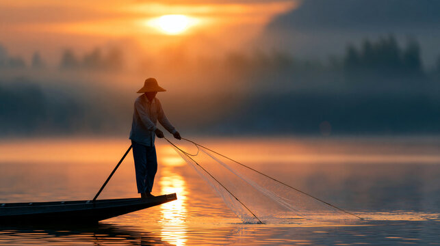 Faceless fisherman standing on a traditional wooden boat casting a net at sunrise, mist on the water, defocused misty lake in background, traditional fisherman sunrise concept