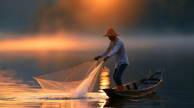Faceless fisherman standing on a traditional wooden boat casting a net at sunrise, mist on the water, defocused misty lake in background, traditional fisherman sunrise concept